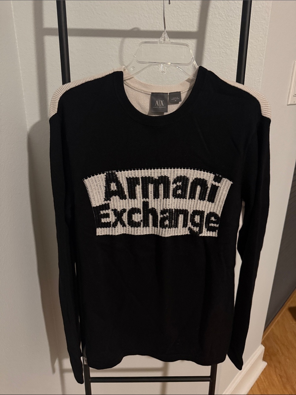 Armani Exchange Black Sweater with Cream Logo Panel